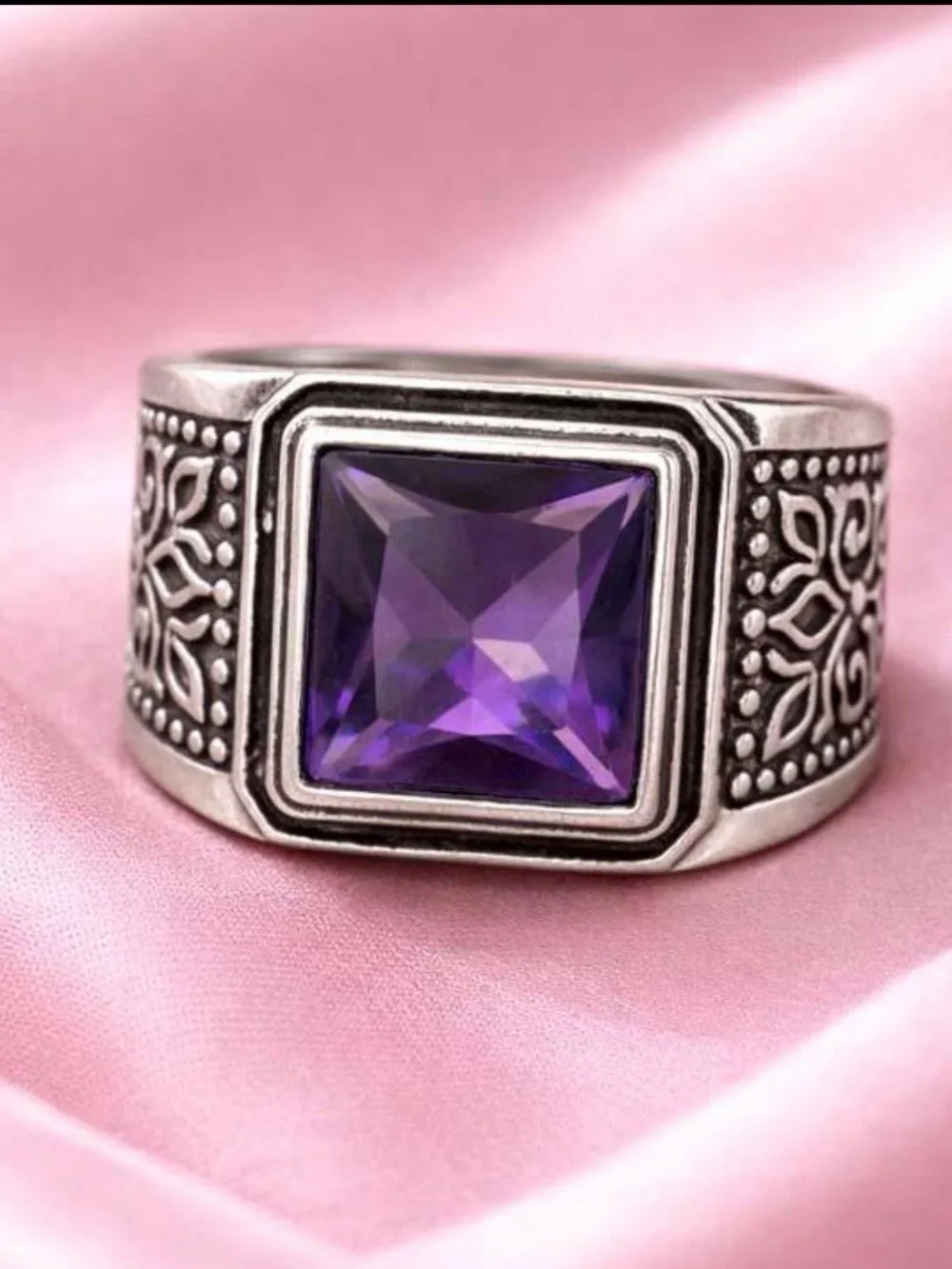 Sterling-Style Men's 925 Silver Ring with Square Amethyst Stone